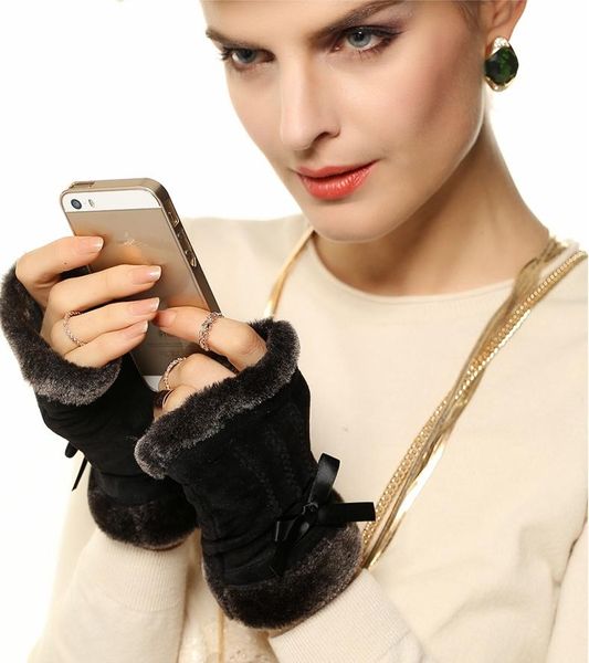 

five fingers gloves pigskin fingerless warm winter velvet glove, Blue;gray