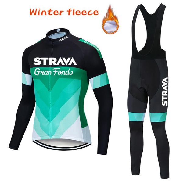

winter thermal fleece 2020 strava cycling jersey long set mtb cycle clothing sportswear mountain green clothes ropa ciclismo, Black;blue