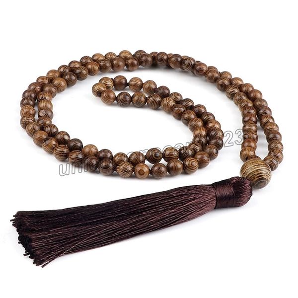 

108 beads mala necklace meditation prayer 6mm wooden bead brown tassel handmade women men necklace healing yoga jewelry gift, Silver