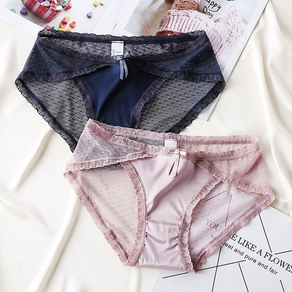 

buy three get one satin lace underwear women's cotton crotch middle low waist buttocks seamless mesh triangle pants, Black;pink