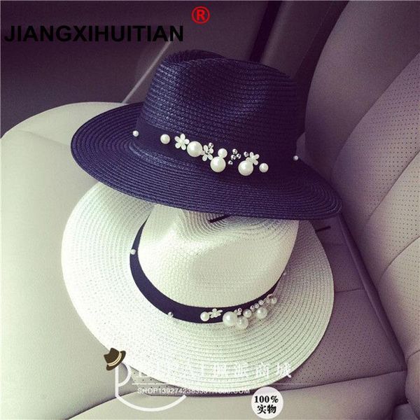 

2017 new spring summer flower hats flower beads wide wide jazz panama hat feminino lens hat cappello beach hat wmtlbf xhlove, Black;white