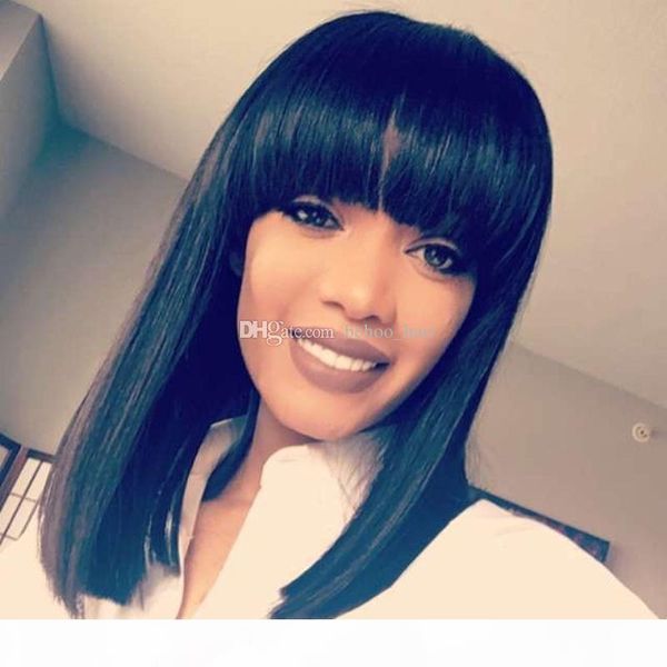 

short human hair wigs bob style straight peruvian virgin hair for black women glueless lace front bob wigs with bangs, Black;brown
