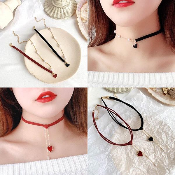 

korean heart pendant necklace for women sweet velvet pearl choker female neck chain jewelry lover party neckband chokers, Golden;silver