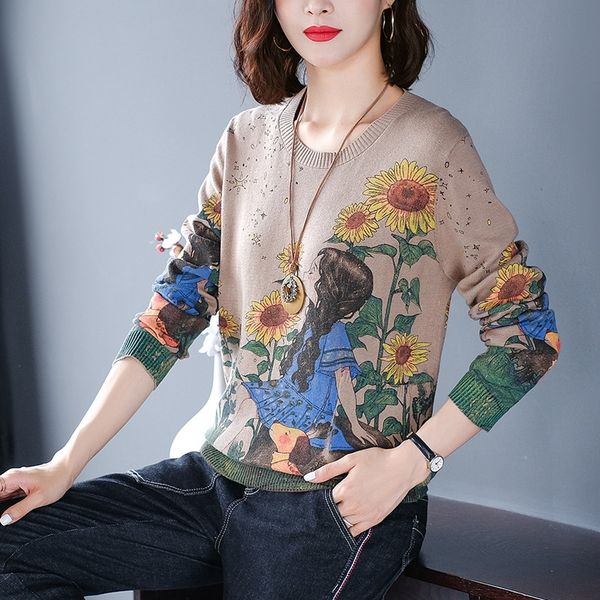 

printed t-shirt women's thin pullover loose early autumn new long sleeve women's pullover sweater sweater spring and autumn wear 3, White;black