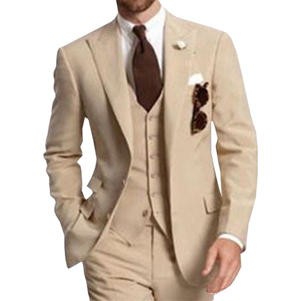 Beige dreiteilige Business-Party-Beste-Mann-Anzüge mit spitzem Revers und zwei Knöpfen nach Maß Hochzeit Bräutigam Smoking Jacke Hose Weste 201027