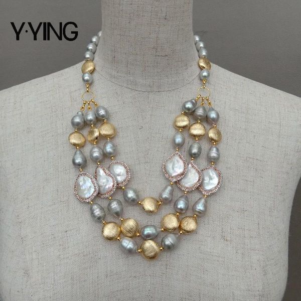 

3 rows freshwater cultured gray rice pearl white coin pearl necklace for women, Golden;silver