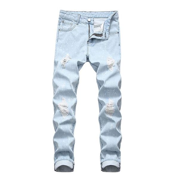 

slim jeans trousers ripped hole men's cotton casual denim jeans long blue men stretch casual male pants
