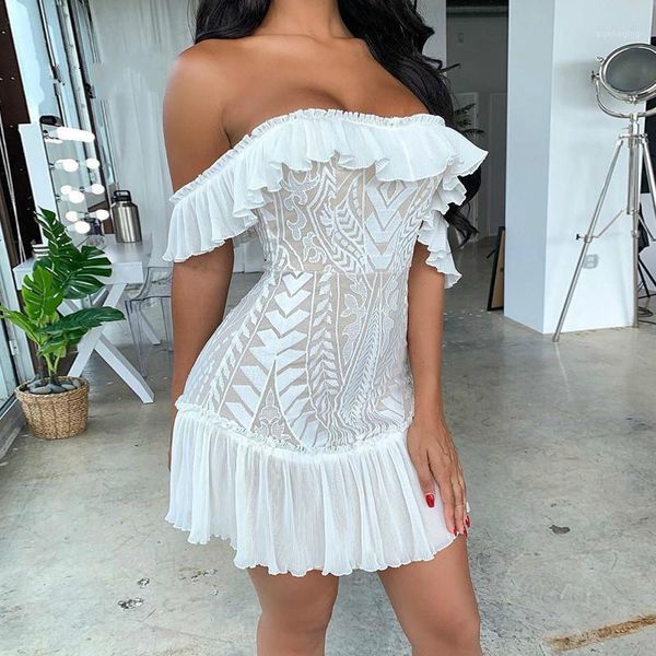

justchicc white bodycon dress women off shoulder ruffles party dress mini backless summer club 2020 autumn vestidos1, Black;gray