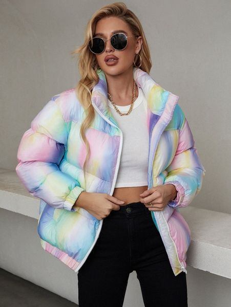 

tie dye zip up puffer coat 735y#, Black