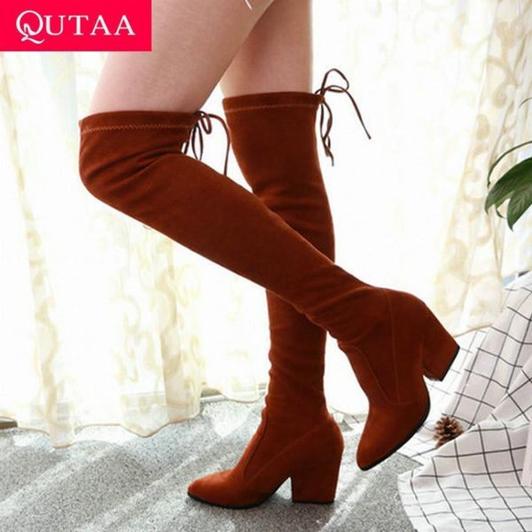 

qutaa 2020 pointed toe winter fashion women shoes hoof heels warm fur lace up stretch flock over the knee high boots size 34-431, Black