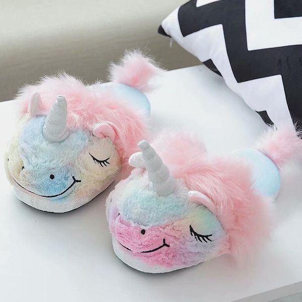 

unicorn тапочки женщины домашние тапочки милая девушка пол смешанные цвета мультфильмы радуга уютные мягкие пушистые тапочки в крытый теплый, Black