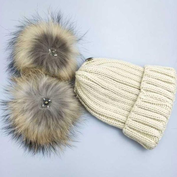 

2018 children winter raccoon fur hats 100% real big fur pompom beanies cap natural fur hat for kids children christmas gift bbyihm, Black;white