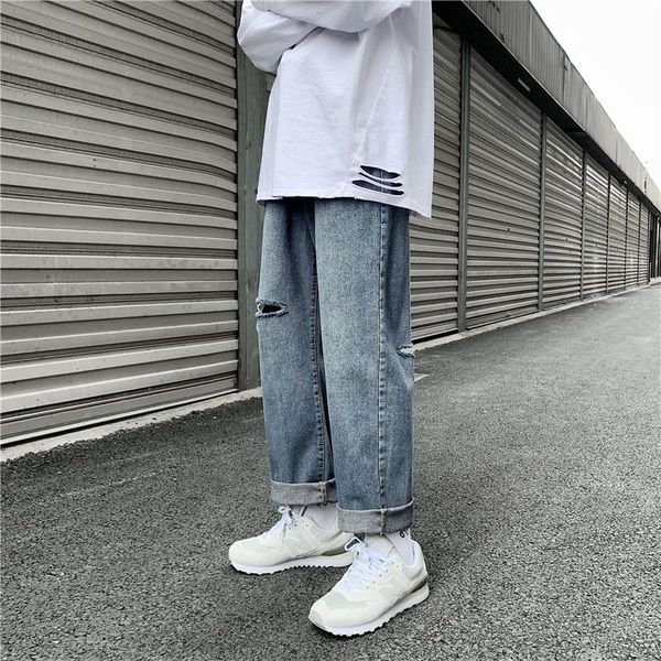 

men solid color ripped jeans korean casual loose harajuku streetwear hip-hop straight leg pants wide leg pants ankle-length pant, Blue