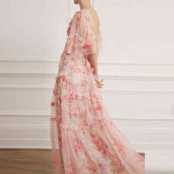 

casual dresses hawaii vacation women short sleeve boho fairy 3 layers mesh pink floral print ruffles long maxi gh0h, Black;gray