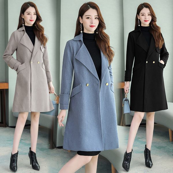 

women's office lady slim elegant woolen coats female fashion long warm winter turn-down collar outwear wool-blend coat, Black