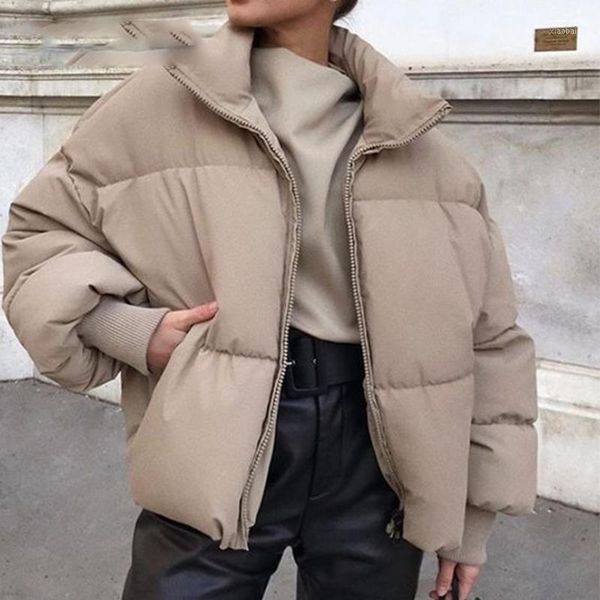 

fashion stand collar parkas women thick warm winter bubble coats female khaki jackets pockets zipper simple overcoats1, Black