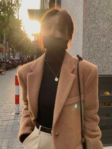 

ekool chenille thickened coat women's autumn winter new korean versatile casual suit, White;black