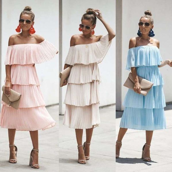 

shoulder summer multi 2020 new off layer cake skirt length dress, Black;gray