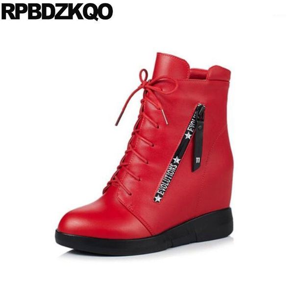 

high heel wedge ankle shoes women fur round toe height increasing red front lace up casual boots autumn genuine leather winter1, Black