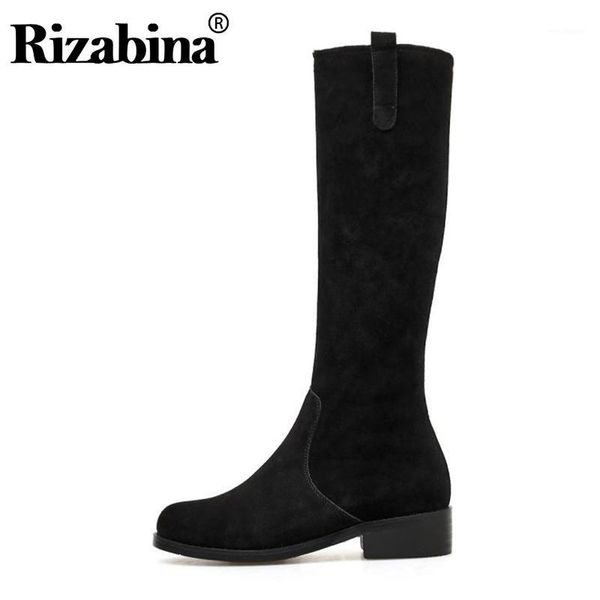 

rizabina winter simple genuine leather knee high boots for women side zipper round toe long boots women footwear size 33-401, Black