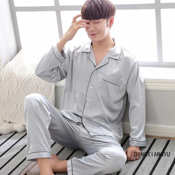 

spring, autumn and winter pajamas men's silk pajamas long-sleeved trousers ice silk thin homewear suit summer plus size, Black;brown