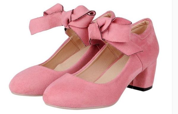 

2020 женской обувь весной и осенью с новым стилем моды среднего каблуком грубых пятками круглой головой бантом замши, Black