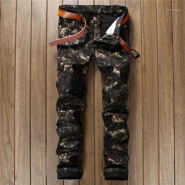 

men jeans pants slim fit hand-painted printed pants casual trousers nightclub tight black male clothing 20201, Blue