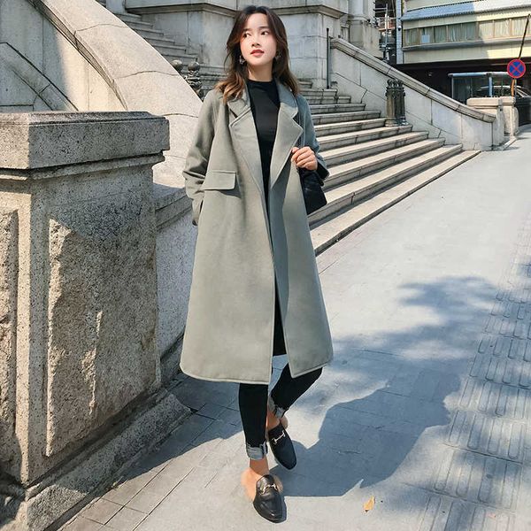 

women's autumn winter big lapel cardigan mid-long blend coat medium-length solid color style wool overcoat simple, Black