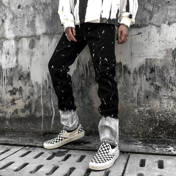 

high street ink splash graeiant джинсы для мужчин и женщин промытые ретро прямые свободные джинсовые брюки негабаритные случайные джинсы, Blue