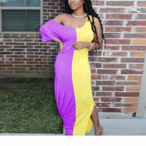 

women casual plus size color block dress one shoulder summer maxi dress loose daily long dress t200522, Black;pink