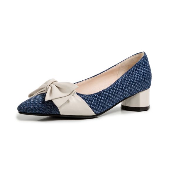 

2021 the new casual style to toe bombs fashion slip-on chess black medium blue bowknot with thick heels feminine size shoes 99yz