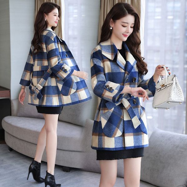 

autumn winter fashion plus size women's mid-length woolen korean sashes double breasted plaid wool coat female jacket r654, Black