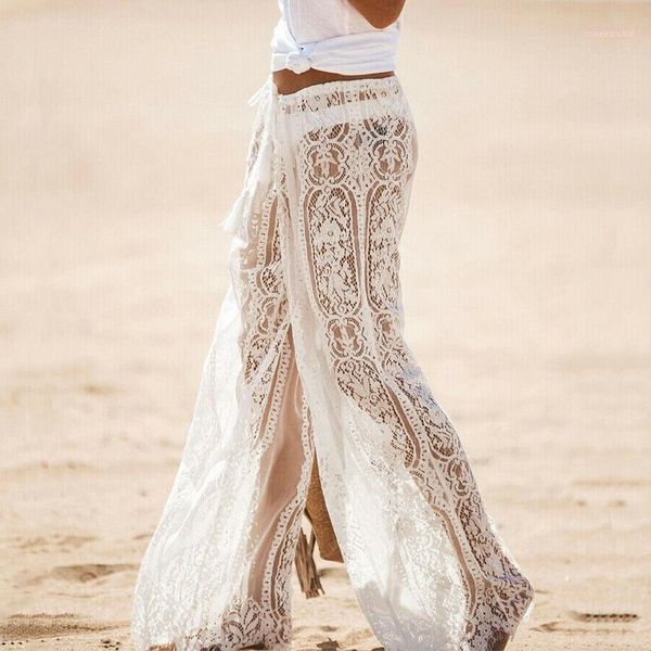 

summer women's sheer floral lace wide leg pants ladies flares loose dance pants mid wide long beach trousers1, Black;white