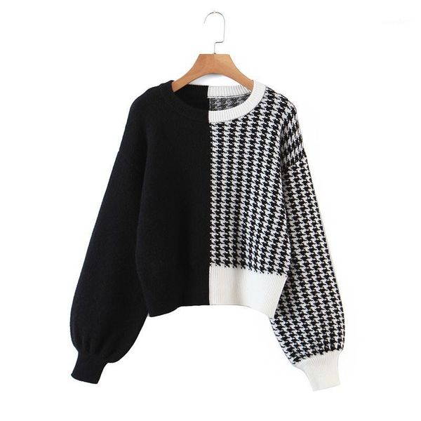 

women's fashion stitching color houndstooth knitted sweater vntage long sleeve pullover ladies chic, White;black