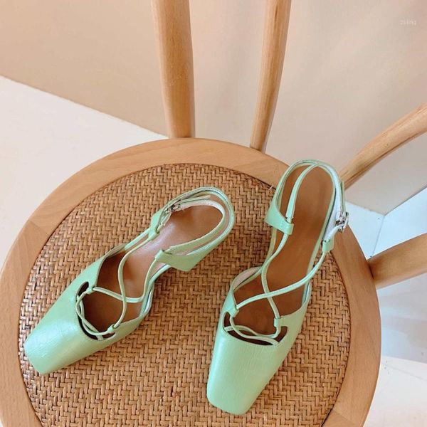 

sandals genuine leather square toe high heels korean street style beauty lady shallow buckle strap summer brand 081, Black