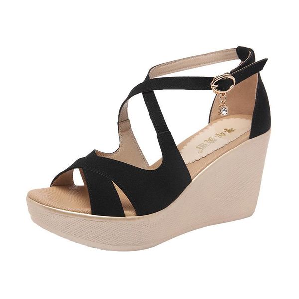 

dress shoes fashion open head wedges gladiator sandals women 2021 summer high heels platform ladies beach sandal 41 42 43, Black