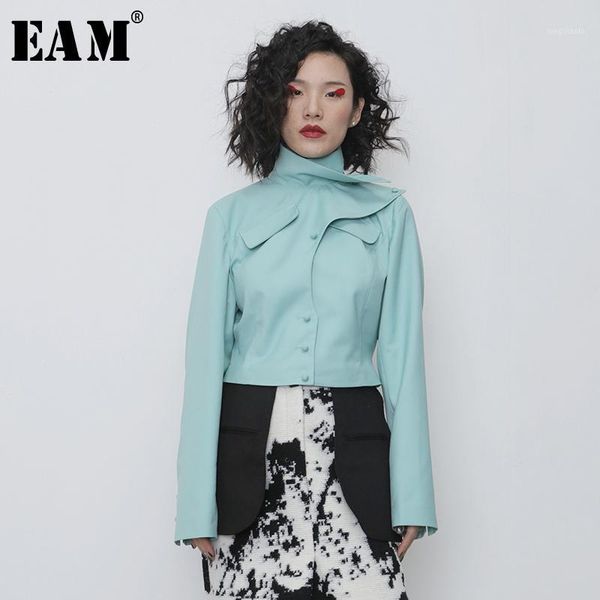 

eam] women green split joint short blazer new stand collar long sleeve loose fit jacket fashion tide spring autumn 2020 1r1071, White;black
