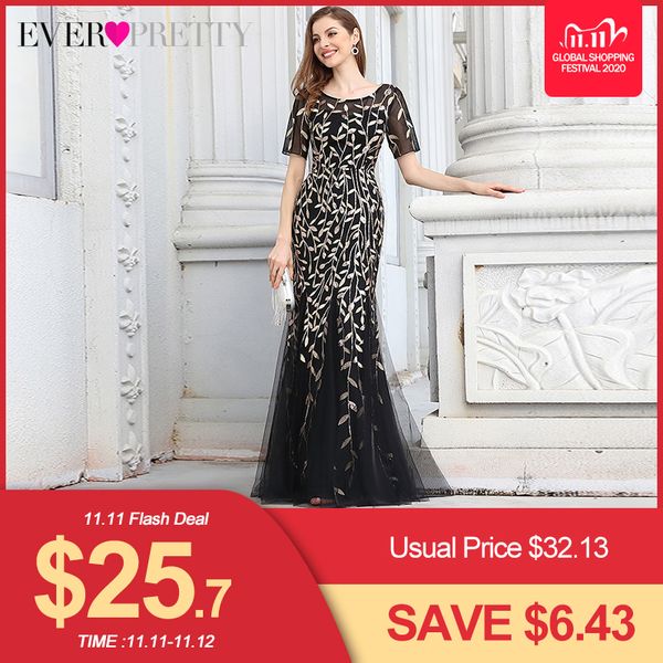 

formal evening dresses 2020 ever pretty new mermaid o neck short sleeve lace appliques tulle long party gowns robe soiree c1111, Black;pink