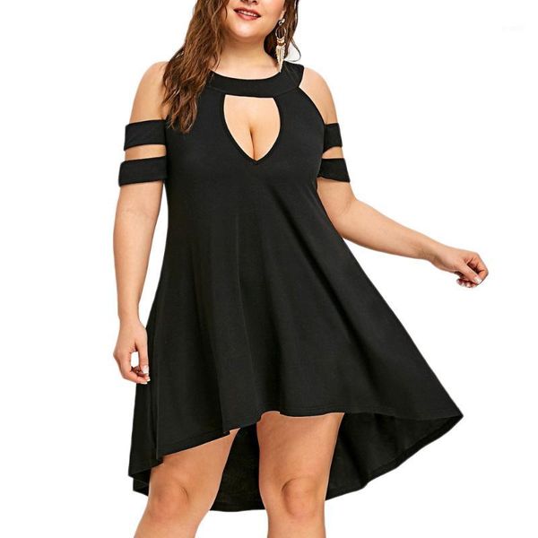 

summer fashion women black short sleeve dress casual o-neck cold shoulder strapless hollow out dress1, Black;gray