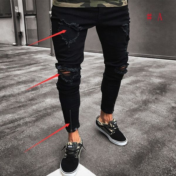 

mens cool designer black jeans skinny ripped destroyed stretch slim fit hop hop pants with holes for men, Blue
