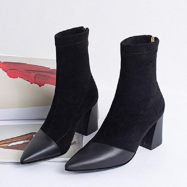 

women boots black soft velvet high heel short ankle boots ladies pointed toe square platform women winter warm shoes vt4171
