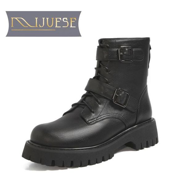 

mljuese 2021 women ankle boots cow leather winter short plush round toe zipper buckle strap med heels female riding boot size 39, Black