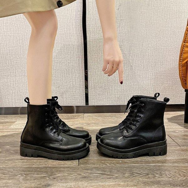 

women's boots autumn round toe boots-women shoes lace up booties ladies 2021 rock med ankle rubber cross-tied lace-up solid, Black