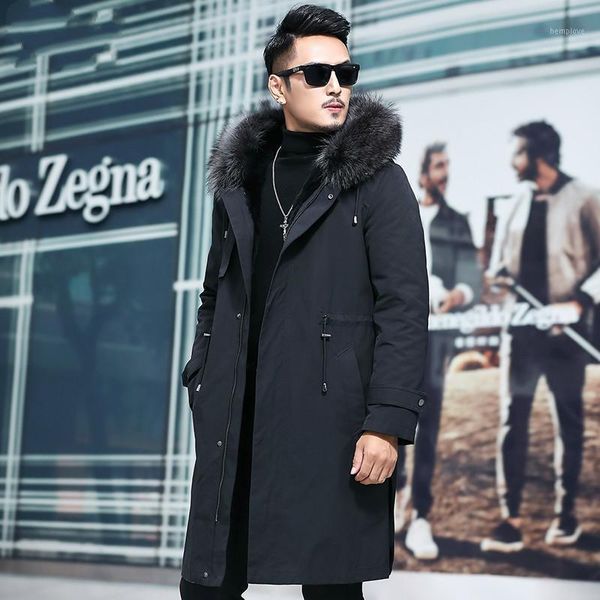 

mens parka real fur coat long winter jacket men big raccoon fur collar natural liner parkas man c29a7172711, Black