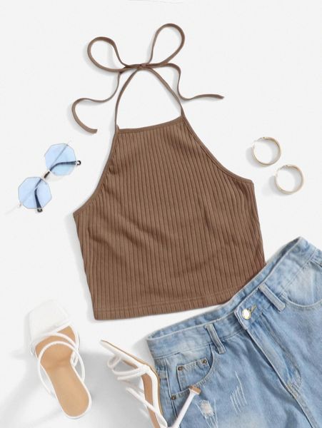 

solid rib-knit halter x9l9#, White