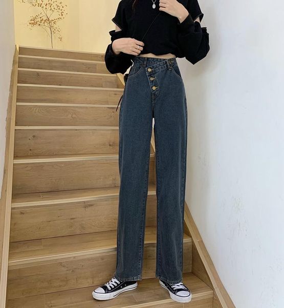 

women's jeans make firm offers port flavour restoring ancient ways design feeling irregular tall waist show thin wide-legged trousers o, Blue