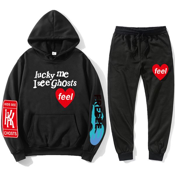 

2021 new kanye west graffiti print plus veet sweatshirt + sweatpants male harajuku polar fleece hip-hop stranger things hoodie set xbmw, Black