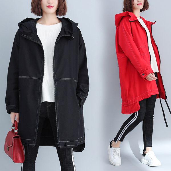 

2020 new women spring autumn trench coats hooded outwear cardigan large size female overcoat pockets solid casual wind coat n638, Tan;black