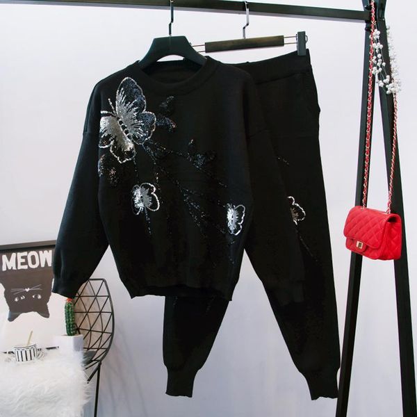 

european station 2020 autumn and winter new sequins butterfly long-sleeved sweater women's trousers fashion suit1, Gray
