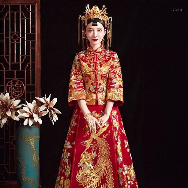 

elegant chinese style qipao bride wedding dress exquisite embroidery phoenix full length party dress hanfu clothing plus size1, Red